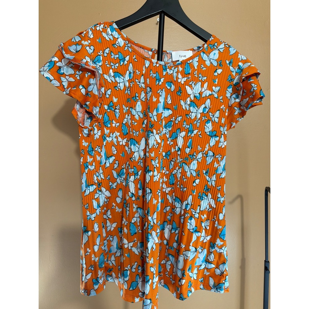 Fyve‎ Orange Butterfly Print Plisse Flutter Sleeve Blouse Top Small